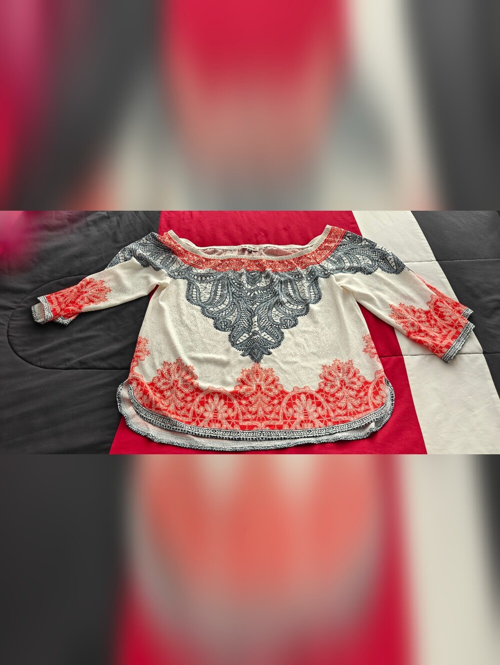 Women's Off-Shoulder Top - Coral & Navy